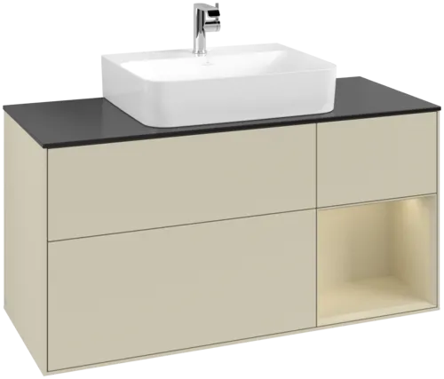 VILLEROY BOCH Toaletní skříňka Finion, s osvětlením, 3 výsuvy, 1200 x 603 x 501 mm, Silk Grey Matt Lacquer / Silk Grey Matt Lacquer / Glass Black Matt #F172HJHJ