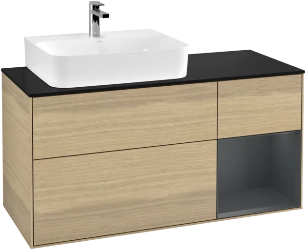 VILLEROY BOCH Toaletní skříňka Finion, s osvětlením, 3 výsuvy, 1200 x 603 x 501 mm, dubová dýha / půlnočně modrý matný lak / černé matné sklo #F152HGPC