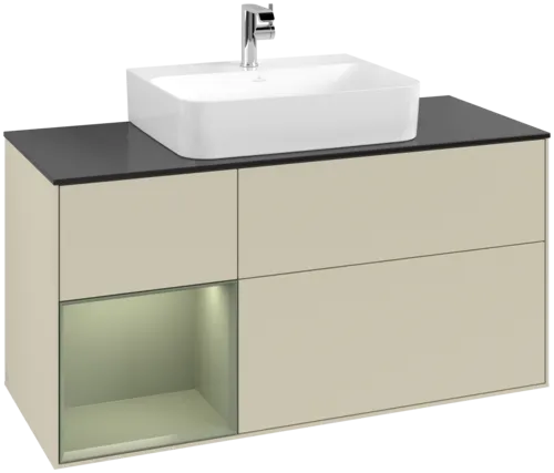 VILLEROY BOCH Toaletní skříňka Finion, s osvětlením, 3 výsuvy, 1200 x 603 x 501 mm, hedvábně šedý matný lak / olivový matný lak / černé matné sklo #F162GMHJ