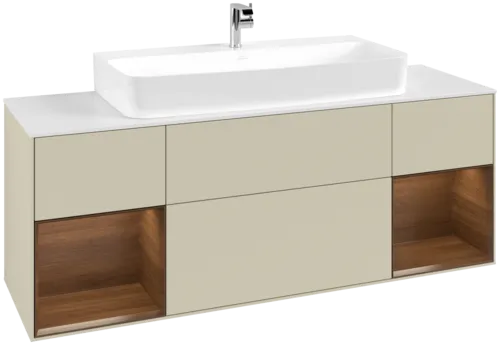 VILLEROY BOCH Toaletní skříňka Finion, s osvětlením, 4 výsuvy, 1600 x 603 x 501 mm, hedvábně šedý matný lak / ořechová dýha / sklo bílé matné #F211GNHJ