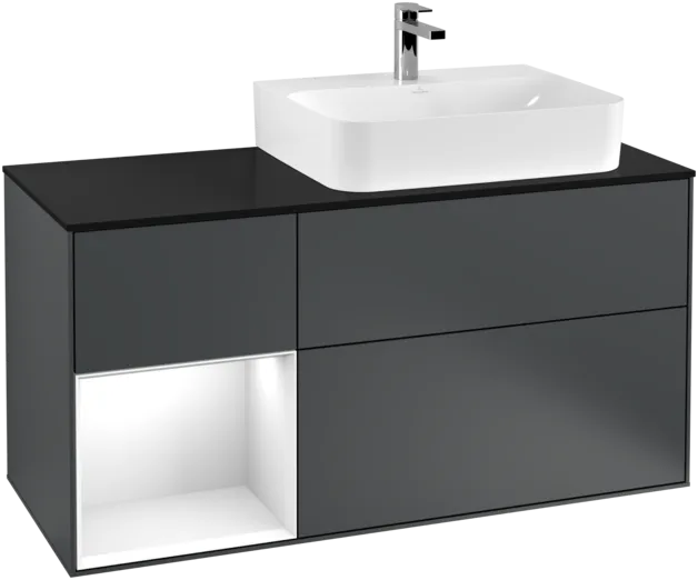 VILLEROY BOCH Toaletní skříňka Finion, s osvětlením, 3 výsuvy, 1200 x 603 x 501 mm, Midnight Blue Matt Lacquer / Glossy White Lacquer / Glass Black Matt #F142GFHG