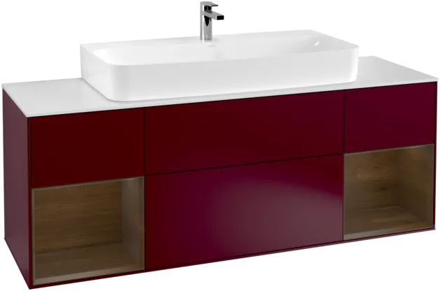 VILLEROY BOCH Toaletní skříňka Finion, s osvětlením, 4 výsuvy, 1600 x 603 x 501 mm, matný lak Peony / ořechová dýha / bílé matné sklo #F211GNHB