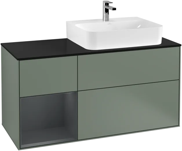 VILLEROY BOCH Toaletní skříňka Finion, s osvětlením, 3 výsuvy, 1200 x 603 x 501 mm, olivový matný lak / půlnoční modrý matný lak / černé matné sklo #F142HGGM