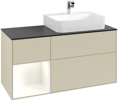 VILLEROY BOCH Toaletní skříňka Finion, s osvětlením, 3 výsuvy, 1200 x 603 x 501 mm, hedvábně šedý matný lak / lesklý bílý lak / černé matné sklo #F142GFHJ