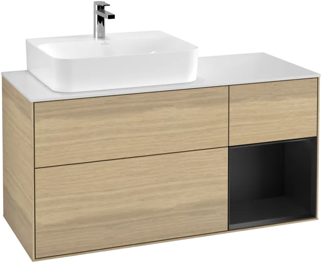 VILLEROY BOCH Toaletní skříňka Finion, s osvětlením, 3 výsuvy, 1200 x 603 x 501 mm, dubová dýha / černý matný lak / bílé matné sklo #F151PDPC