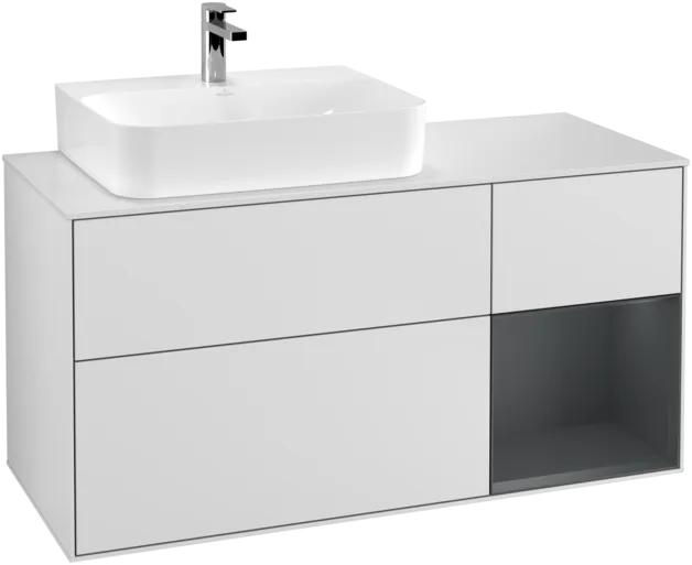 VILLEROY BOCH Toaletní skříňka Finion, s osvětlením, 3 výsuvy, 1200 x 603 x 501 mm, bílý matný lak / půlnoční modrý matný lak / bílé matné sklo #F151HGMT
