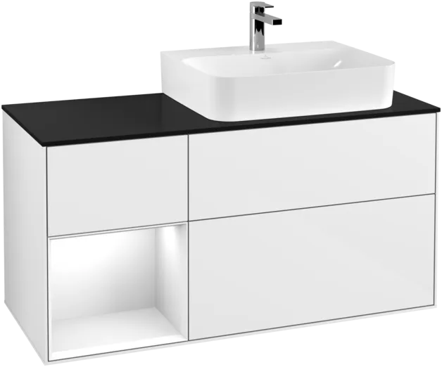 VILLEROY BOCH Toaletní skříňka Finion, s osvětlením, 3 výsuvy, 1200 x 603 x 501 mm, lesklý bílý lak / lesklý bílý lak / sklo černé matné #F142GFGF