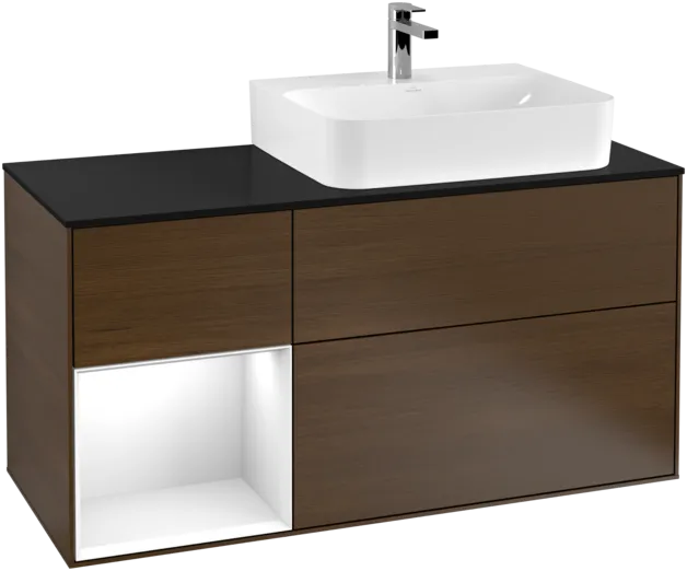 VILLEROY BOCH Toaletní skříňka Finion, s osvětlením, 3 výsuvy, 1200 x 603 x 501 mm, ořechová dýha / lesklý bílý lak / sklo černé matné #F142GFGN