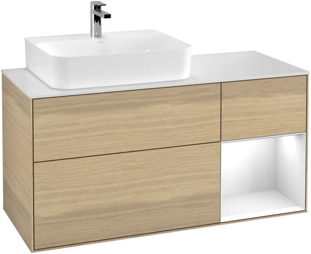 VILLEROY BOCH Toaletní skříňka Finion, s osvětlením, 3 výsuvy, 1200 x 603 x 501 mm, dubová dýha / lesklý bílý lak / sklo bílé matné #F151GFPC
