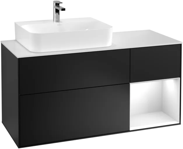VILLEROY BOCH Toaletní skříňka Finion, s osvětlením, 3 výsuvy, 1200 x 603 x 501 mm, černý matný lak / bílý lesklý lak / bílé matné sklo #F151GFPD