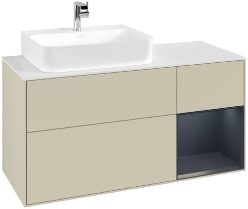 VILLEROY BOCH Toaletní skříňka Finion, s osvětlením, 3 výsuvy, 1200 x 603 x 501 mm, hedvábně šedý matný lak / půlnočně modrý matný lak / bílé matné sklo #F151HGHJ