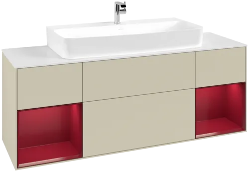 VILLEROY BOCH Toaletní skříňka Finion, s osvětlením, 4 výsuvy, 1600 x 603 x 501 mm, Silk Grey Matt Lacquer / Peony Matt Lacquer / Glass White Matt #F211HBHJ