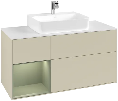 VILLEROY BOCH Toaletní skříňka Finion, s osvětlením, 3 výsuvy, 1200 x 603 x 501 mm, hedvábně šedý matný lak / olivový matný lak / bílé matné sklo #F161GMHJ