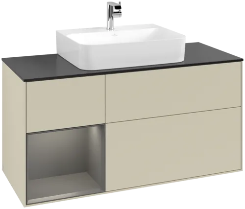 VILLEROY BOCH Toaletní skříňka Finion, s osvětlením, 3 výsuvy, 1200 x 603 x 501 mm, hedvábně šedý matný lak / antracitový matný lak / černé matné sklo #F162GKHJ