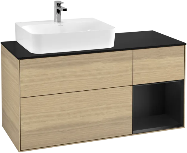 VILLEROY BOCH Toaletní skříňka Finion, s osvětlením, 3 výsuvy, 1200 x 603 x 501 mm, dubová dýha / černý matný lak / černé matné sklo #F152PDPC