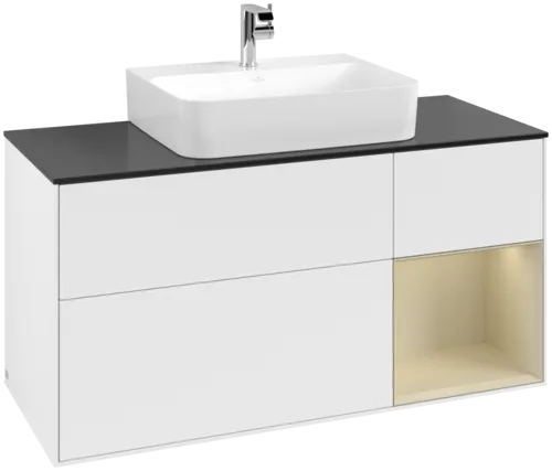 VILLEROY BOCH Toaletní skříňka Finion, s osvětlením, 3 výsuvy, 1200 x 603 x 501 mm, bílý matný lak / hedvábně šedý matný lak / černé matné sklo #F172HJMT