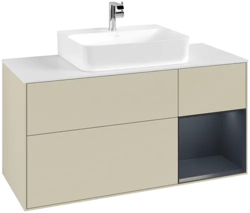 VILLEROY BOCH Toaletní skříňka Finion, s osvětlením, 3 výsuvy, 1200 x 603 x 501 mm, hedvábně šedý matný lak / půlnočně modrý matný lak / bílé matné sklo #F171HGHJ