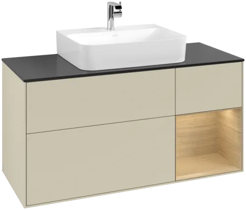 VILLEROY BOCH Toaletní skříňka Finion, s osvětlením, 3 výsuvy, 1200 x 603 x 501 mm, hedvábně šedý matný lak / dubová dýha / černé matné sklo #F172PCHJ