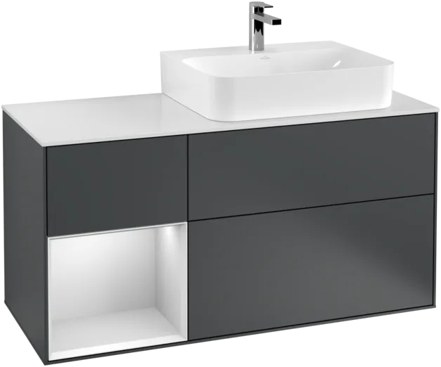 VILLEROY BOCH Toaletní skříňka Finion, s osvětlením, 3 výsuvy, 1200 x 603 x 501 mm, Midnight Blue Matt Lacquer / White Matt Lacquer / Glass White Matt #F141MTHG, obrázek 1