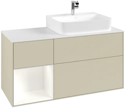 VILLEROY BOCH Toaletní skříňka Finion, s osvětlením, 3 výsuvy, 1200 x 603 x 501 mm, Silk Grey Matt Lacquer / White Matt Lacquer / Glass White Matt #F141MTHJ