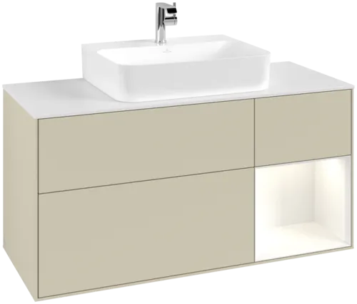 VILLEROY BOCH Toaletní skříňka Finion, s osvětlením, 3 výsuvy, 1200 x 603 x 501 mm, hedvábně šedý matný lak / lesklý bílý lak / bílé matné sklo #F171GFHJ