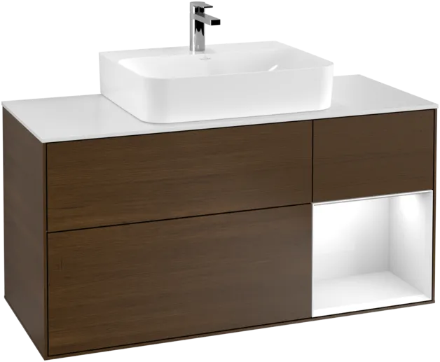 VILLEROY BOCH Toaletní skříňka Finion, s osvětlením, 3 výsuvy, 1200 x 603 x 501 mm, ořechová dýha / lesklý bílý lak / sklo bílé matné #F171GFGN