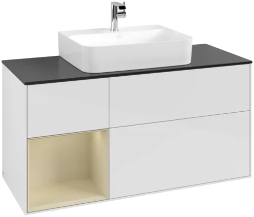 VILLEROY BOCH Toaletní skříňka Finion, s osvětlením, 3 výsuvy, 1200 x 603 x 501 mm, lesklý bílý lak / hedvábně šedý matný lak / černé matné sklo #F162HJGF