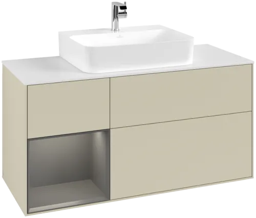 VILLEROY BOCH Toaletní skříňka Finion, s osvětlením, 3 výsuvy, 1200 x 603 x 501 mm, hedvábně šedý matný lak / antracitový matný lak / bílé matné sklo #F161GKHJ