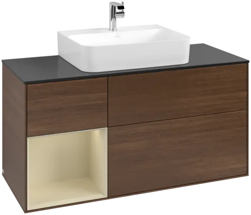 VILLEROY BOCH Toaletní skříňka Finion, s osvětlením, 3 výsuvy, 1200 x 603 x 501 mm, ořechová dýha / hedvábně šedý matný lak / sklo černé matné #F162HJGN