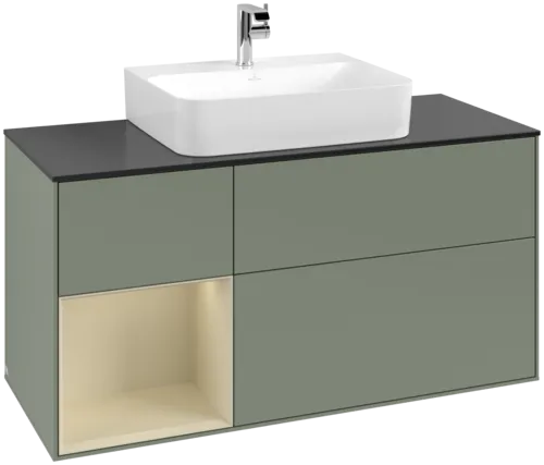 VILLEROY BOCH Toaletní skříňka Finion, s osvětlením, 3 výsuvy, 1200 x 603 x 501 mm, olivový matný lak / hedvábně šedý matný lak / černé matné sklo #F162HJGM