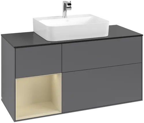 VILLEROY BOCH Toaletní skříňka Finion, s osvětlením, 3 výsuvy, 1200 x 603 x 501 mm, antracitový matný lak / hedvábně šedý matný lak / černé matné sklo #F162HJGK