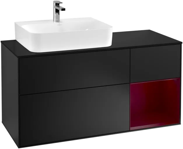 VILLEROY BOCH Toaletní skříňka Finion, s osvětlením, 3 výsuvy, 1200 x 603 x 501 mm, černý matný lak / pivoňkový matný lak / černé matné sklo #F152HBPD