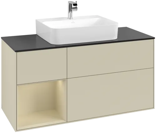 VILLEROY BOCH Toaletní skříňka Finion, s osvětlením, 3 výsuvy, 1200 x 603 x 501 mm, Silk Grey Matt Lacquer / Silk Grey Matt Lacquer / Glass Black Matt #F162HJHJ
