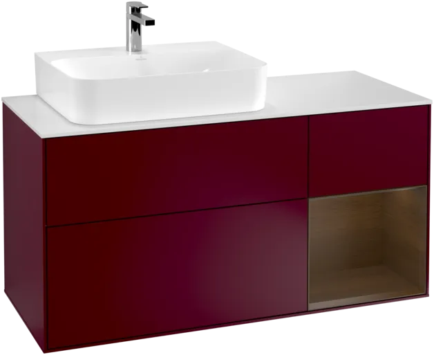 VILLEROY BOCH Toaletní skříňka Finion, s osvětlením, 3 výsuvy, 1200 x 603 x 501 mm, matný lak Peony / ořechová dýha / bílé matné sklo #F151GNHB