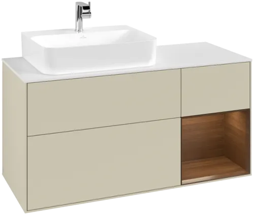 VILLEROY BOCH Toaletní skříňka Finion, s osvětlením, 3 výsuvy, 1200 x 603 x 501 mm, hedvábně šedý matný lak / ořechová dýha / sklo bílé matné #F151GNHJ