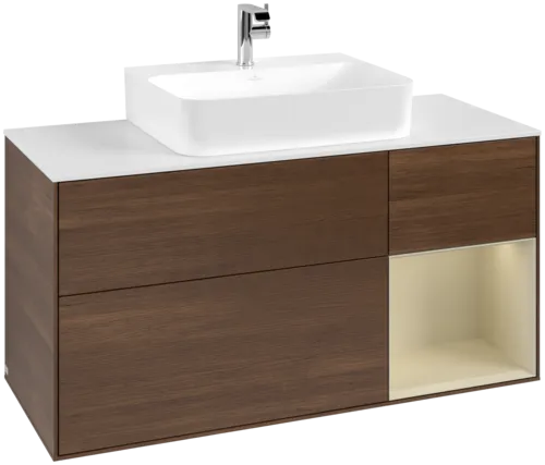 VILLEROY BOCH Toaletní skříňka Finion, s osvětlením, 3 výsuvy, 1200 x 603 x 501 mm, ořechová dýha / hedvábně šedý matný lak / sklo bílé matné #F171HJGN