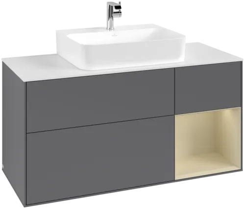 VILLEROY BOCH Toaletní skříňka Finion, s osvětlením, 3 výsuvy, 1200 x 603 x 501 mm, antracitový matný lak / hedvábně šedý matný lak / bílé matné sklo #F171HJGK