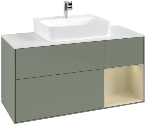VILLEROY BOCH Toaletní skříňka Finion, s osvětlením, 3 výsuvy, 1200 x 603 x 501 mm, olivový matný lak / hedvábně šedý matný lak / bílé matné sklo #F171HJGM