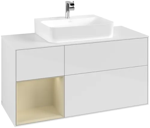 VILLEROY BOCH Toaletní skříňka Finion, s osvětlením, 3 výsuvy, 1200 x 603 x 501 mm, lesklý bílý lak / hedvábně šedý matný lak / bílé matné sklo #F161HJGF