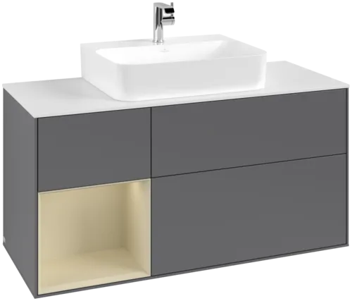 VILLEROY BOCH Toaletní skříňka Finion, s osvětlením, 3 výsuvy, 1200 x 603 x 501 mm, antracitový matný lak / hedvábně šedý matný lak / bílé matné sklo #F161HJGK