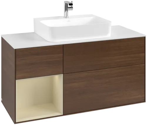 VILLEROY BOCH Toaletní skříňka Finion, s osvětlením, 3 výsuvy, 1200 x 603 x 501 mm, ořechová dýha / hedvábně šedý matný lak / sklo bílé matné #F161HJGN