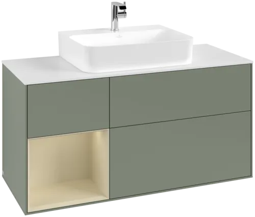 VILLEROY BOCH Toaletní skříňka Finion, s osvětlením, 3 výsuvy, 1200 x 603 x 501 mm, olivový matný lak / hedvábně šedý matný lak / bílé matné sklo #F161HJGM