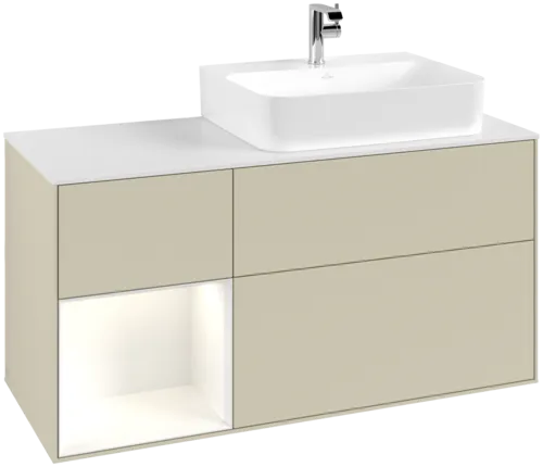 VILLEROY BOCH Toaletní skříňka Finion, s osvětlením, 3 výsuvy, 1200 x 603 x 501 mm, hedvábně šedý matný lak / lesklý bílý lak / bílé matné sklo #F141GFHJ