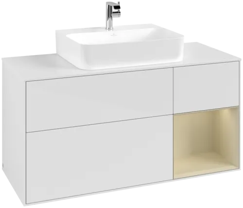 VILLEROY BOCH Toaletní skříňka Finion, s osvětlením, 3 výsuvy, 1200 x 603 x 501 mm, lesklý bílý lak / hedvábně šedý matný lak / bílé matné sklo #F171HJGF