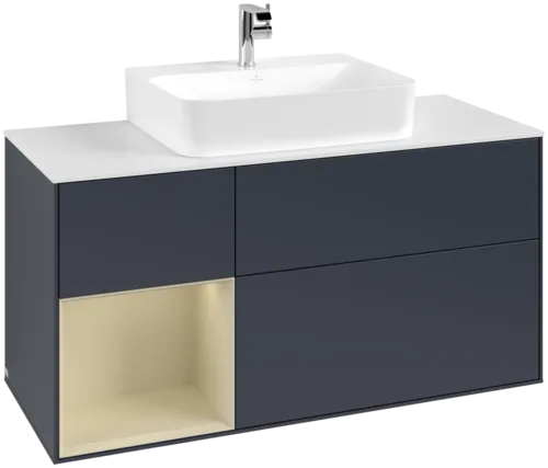 VILLEROY BOCH Toaletní skříňka Finion, s osvětlením, 3 výsuvy, 1200 x 603 x 501 mm, Midnight Blue Matt Lacquer / Silk Grey Matt Lacquer / Glass White Matt #F161HJHG