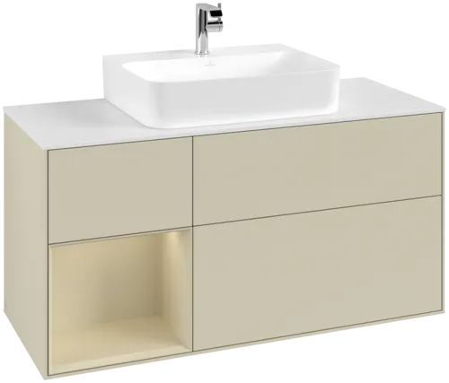 VILLEROY BOCH Toaletní skříňka Finion, s osvětlením, 3 výsuvy, 1200 x 603 x 501 mm, Silk Grey Matt Lacquer / Silk Grey Matt Lacquer / Glass White Matt #F161HJHJ