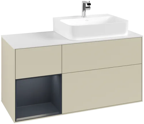 VILLEROY BOCH Toaletní skříňka Finion, s osvětlením, 3 výsuvy, 1200 x 603 x 501 mm, hedvábně šedý matný lak / půlnočně modrý matný lak / bílé matné sklo #F141HGHJ