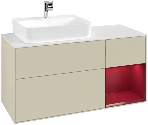 VILLEROY BOCH Toaletní skříňka Finion, s osvětlením, 3 výsuvy, 1200 x 603 x 501 mm, Silk Grey Matt Lacquer / Peony Matt Lacquer / Glass White Matt #F151HBHJ