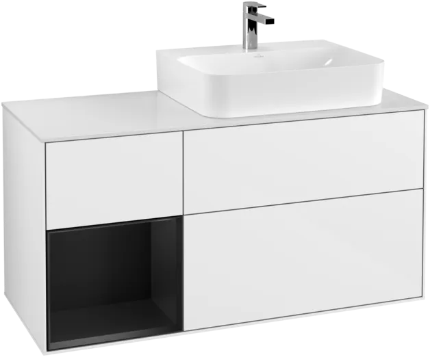 VILLEROY BOCH Toaletní skříňka Finion, s osvětlením, 3 výsuvy, 1200 x 603 x 501 mm, lesklý bílý lak / černý matný lak / sklo bílé matné #F141PDGF