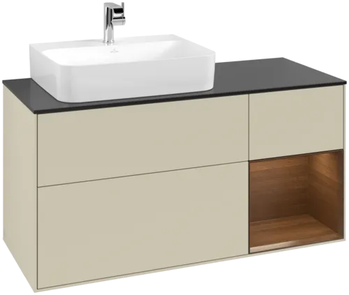 VILLEROY BOCH Toaletní skříňka Finion, s osvětlením, 3 výsuvy, 1200 x 603 x 501 mm, hedvábně šedý matný lak / ořechová dýha / černé matné sklo #F152GNHJ